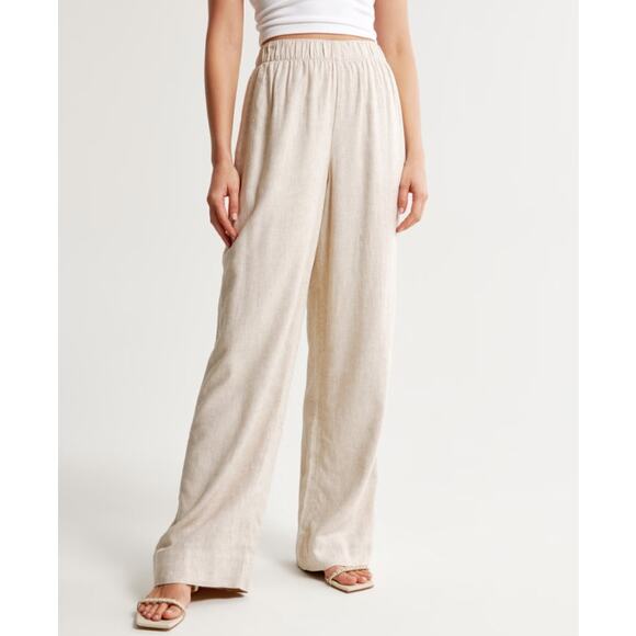 NWT Abercrombie Linen-Blend Pull-On Wide Leg Trouser Pant Light Beige Medium - Picture 2 of 8